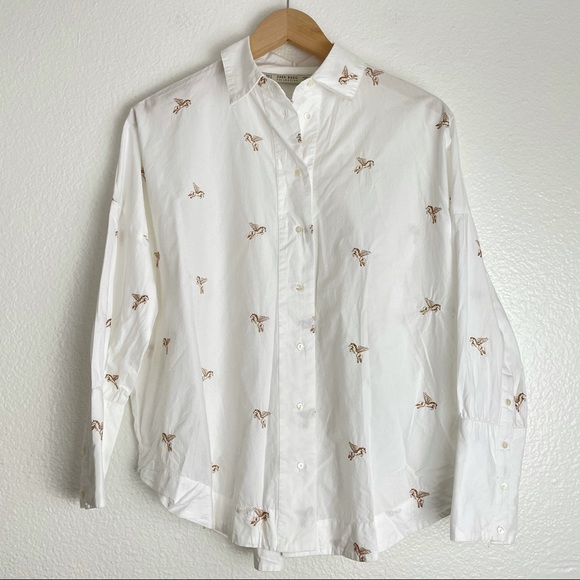 Zara Tops - ZARA Embroidered Oversized White Button Down